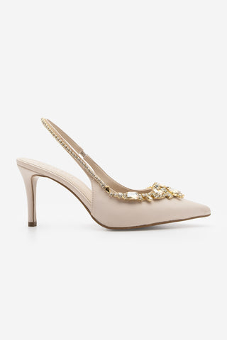 Kadın Stiletto Taşlı Topuklu Ayakkabı Sakne - Bej Saten