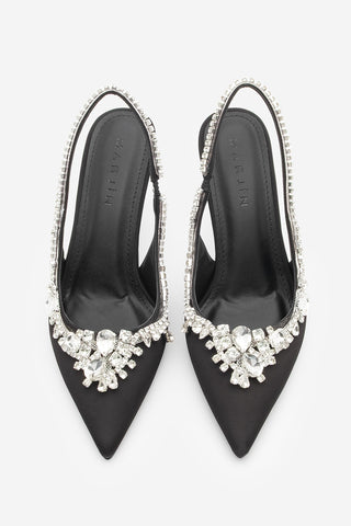 Kadın Stiletto Taşlı Topuklu Ayakkabı Sakne - Siyah Saten