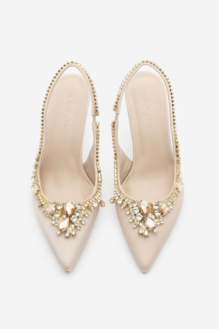 Kadın Stiletto Taşlı Topuklu Ayakkabı Sakne - Bej Saten