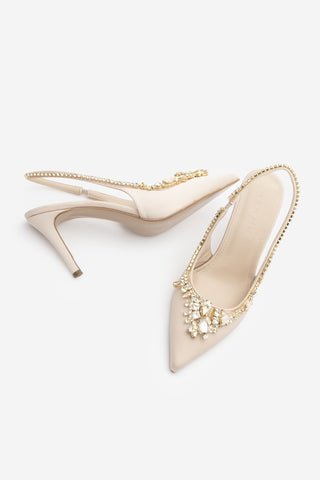 Kadın Stiletto Taşlı Topuklu Ayakkabı Sakne - Bej Saten