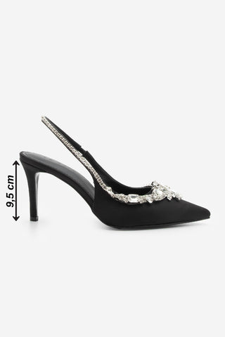 Kadın Stiletto Taşlı Topuklu Ayakkabı Sakne - Siyah Saten
