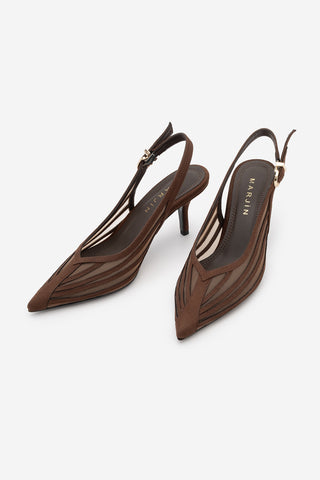 Kadın Stiletto Şeritli Fileli Klasik Topuklu Ayakkabı Vimola - Kahve Süet