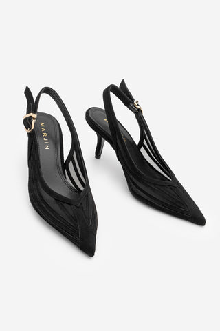Kadın Stiletto Şeritli Fileli Klasik Topuklu Ayakkabı Vimola - Siyah Süet