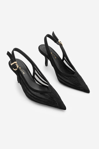 Kadın Stiletto Şeritli Fileli Klasik Topuklu Ayakkabı Vimola - Siyah Süet