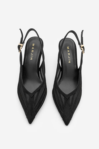 Kadın Stiletto Şeritli Fileli Klasik Topuklu Ayakkabı Vimola - Siyah Süet