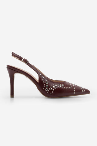 Kadın Stiletto Sivri Burun Zımbalı Troklu Topuklu Ayakkabı Lorfi - Bordo