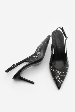 Kadın Stiletto Sivri Burun Zımbalı Troklu Topuklu Ayakkabı Lorfi - Siyah