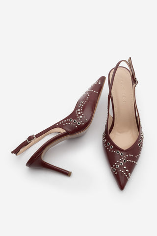 Kadın Stiletto Sivri Burun Zımbalı Troklu Topuklu Ayakkabı Lorfi - Bordo