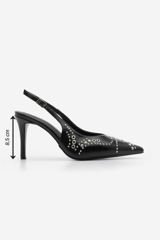 Kadın Stiletto Sivri Burun Zımbalı Troklu Topuklu Ayakkabı Lorfi - Siyah