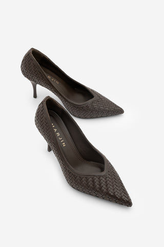 Kadın Stiletto Sivri Burun Örgü Desen Klasik Topuklu Ayakkabı Elnos - Kahve