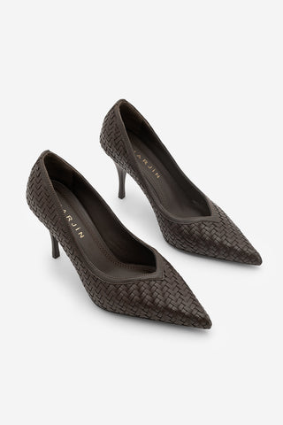 Kadın Stiletto Sivri Burun Örgü Desen Klasik Topuklu Ayakkabı Elnos - Kahve