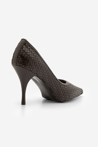 Kadın Stiletto Sivri Burun Örgü Desen Klasik Topuklu Ayakkabı Elnos - Kahve