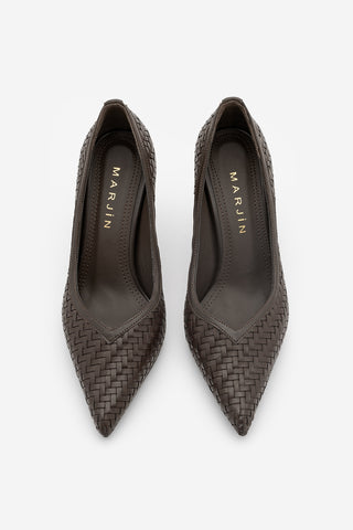 Kadın Stiletto Sivri Burun Örgü Desen Klasik Topuklu Ayakkabı Elnos - Kahve