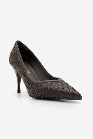 Kadın Stiletto Sivri Burun Örgü Desen Klasik Topuklu Ayakkabı Elnos - Kahve