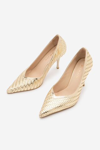 Kadın Stiletto Sivri Burun Örgü Desen Topuklu Ayakkabı Elnos - Altın