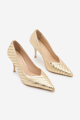 Kadın Stiletto Sivri Burun Örgü Desen Topuklu Ayakkabı Elnos - Altın