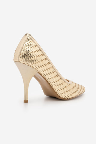 Kadın Stiletto Sivri Burun Örgü Desen Topuklu Ayakkabı Elnos - Altın