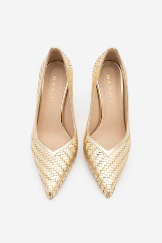 Kadın Stiletto Sivri Burun Örgü Desen Topuklu Ayakkabı Elnos - Altın