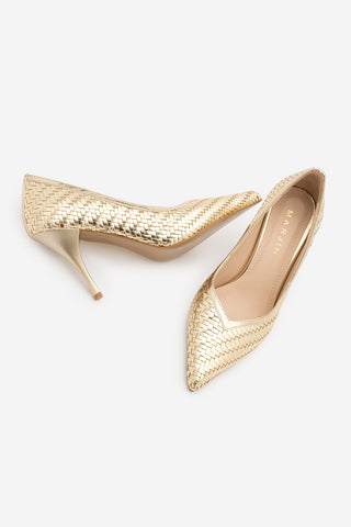 Kadın Stiletto Sivri Burun Örgü Desen Topuklu Ayakkabı Elnos - Altın