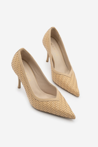 Kadın Stiletto Sivri Burun Örgü Desen Topuklu Ayakkabı Elnos - Camel