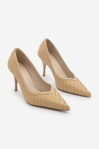 Kadın Stiletto Sivri Burun Örgü Desen Topuklu Ayakkabı Elnos - Camel