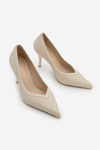 Kadın Stiletto Sivri Burun Örgü Desen Topuklu Ayakkabı Elnos - Ekru