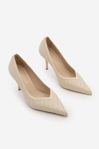 Kadın Stiletto Sivri Burun Örgü Desen Topuklu Ayakkabı Elnos - Ekru