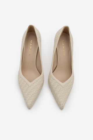 Kadın Stiletto Sivri Burun Örgü Desen Topuklu Ayakkabı Elnos - Ekru