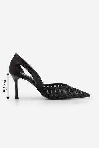 Kadın Stiletto Sivri Burun Fileli Klasik Topuklu Ayakkabı Koriva - Siyah Saten