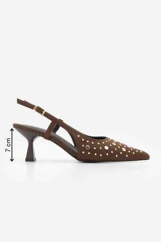 Kadın Stiletto Zımbalı Troklu Topuklu Ayakkabı Rofen - Kahve Süet