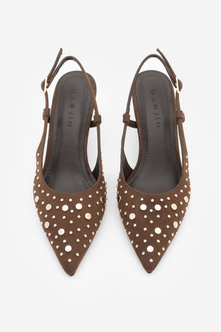 Kadın Stiletto Zımbalı Troklu Topuklu Ayakkabı Rofen - Kahve Süet