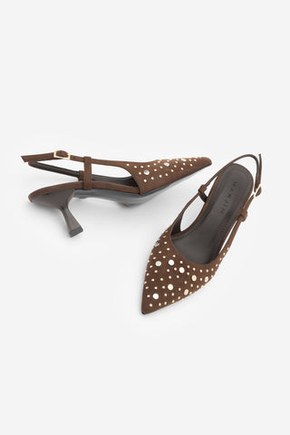 Kadın Stiletto Zımbalı Troklu Topuklu Ayakkabı Rofen - Kahve Süet