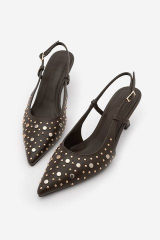 Kadın Stiletto Zımbalı Troklu Topuklu Ayakkabı Rofen - Kahve