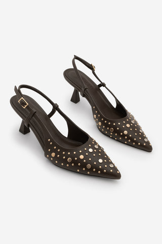 Kadın Stiletto Zımbalı Troklu Topuklu Ayakkabı Rofen - Kahve
