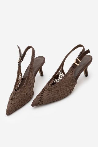 Kadın Stiletto Sivri Burun Fileli El Örgüsü Klasik Topuklu Ayakkabı Berzen - Kahve Hasır