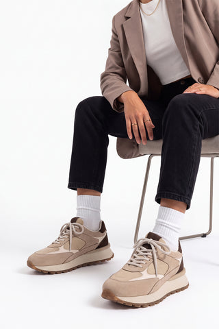 Kadın Sneaker Bağcıklı Spor Ayakkabı Arvon - Bej Süet
