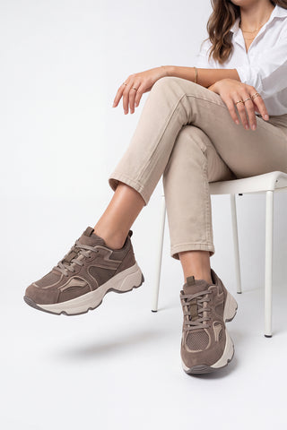 Kadın Süet Dokulu Bağcıklı Günlük Sneaker Terita - Vizon Süet