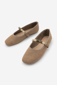 Kadın Taşlı Küt Burun Babet Belris - Camel Süet