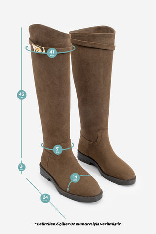 Kadın Tokalı Günlük Çizme Velote - Kahve Süet