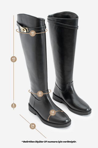 Kadın Tokalı Günlük Çizme Velote - Siyah