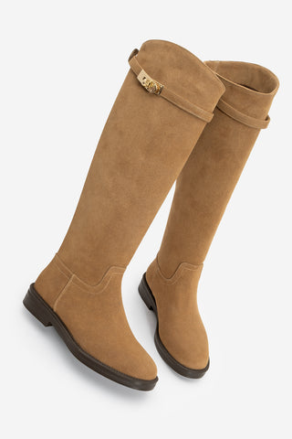Kadın Tokalı Günlük Çizme Velote - Taba Süet