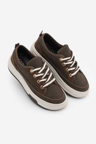 Kadın Sneaker Kalın Taban Spor Ayakkabı Hesna - Kahve Keten