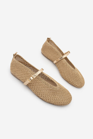 Kadın Fileli Mary Jane El Örgülü Bantlı Babet Ugera - Altın