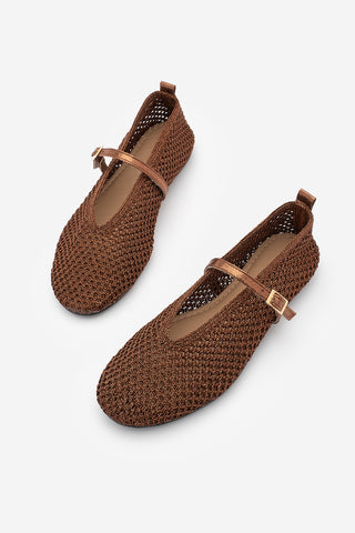 Kadın Fileli Mary Jane El Örgülü Bantlı Babet Ugera - Bakır