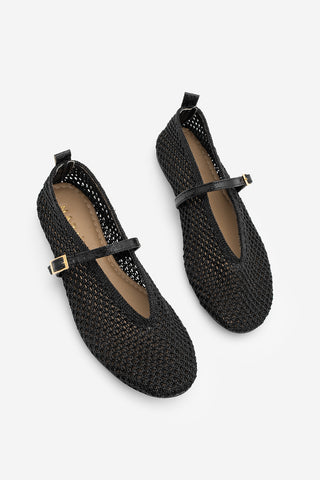 Kadın Fileli Mary Jane El Örgülü Bantlı Babet Ugera - Siyah