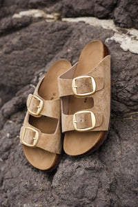 Kadın Hakiki Deri Eva Taban Günlük Terlik Poli - Camel