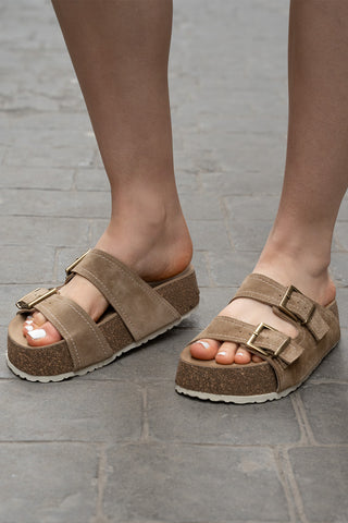 Kadın Hakiki Deri Çift Bantlı Günlük Terlik Roneta - Toprak Süet